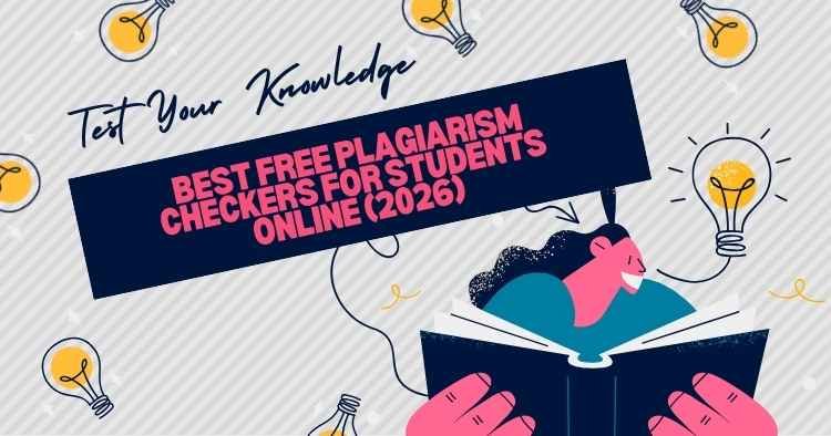 Illustration of a student reading a book with text about free plagiarism checkers for students in 2026.
