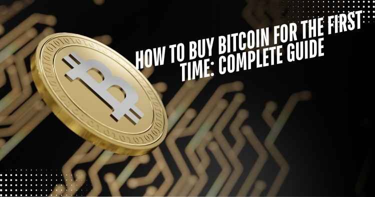 Bitcoin coin with text about how to buy Bitcoin for the first time.
