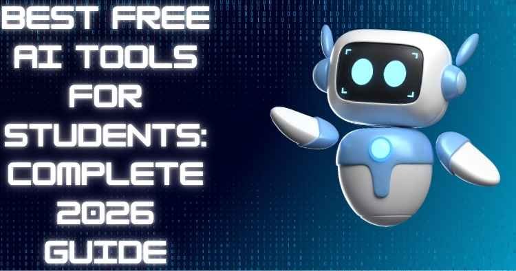 Best free AI tools for students in 2026 guide featuring a friendly AI robot on a digital technology background.