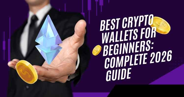 Businessman holding Ethereum and Bitcoin coins with text about the best crypto wallets for beginners in 2026.