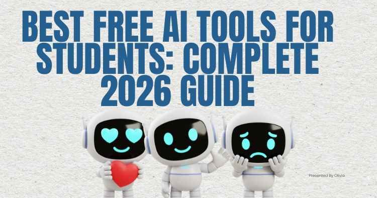 Best free AI tools for students in 2026, featuring three friendly robots, including one holding a heart.