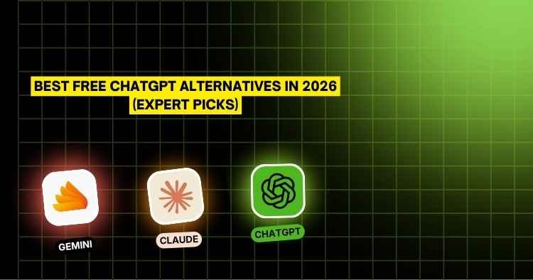 Graphic featuring Gemini, Claude, and ChatGPT with text about the best free ChatGPT alternatives in 2026.
