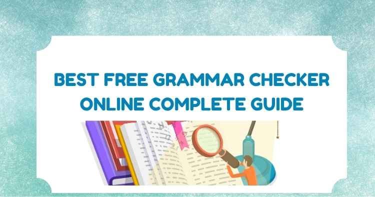 Grammar checker illustration with books, a magnifying glass, and text about the best free grammar checker online.