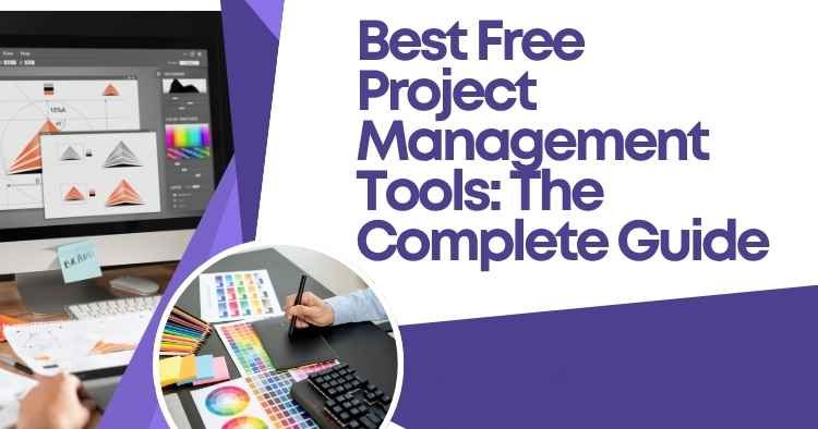Best free project management tools, featuring a computer monitor with design software and a workspace with color swatches and a tablet.