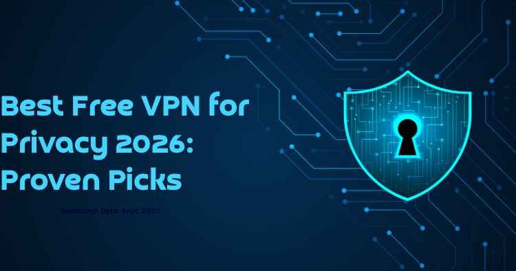 Best free VPNs for privacy in 2026, featuring a glowing digital shield and keyhole over a blue cybersecurity background.