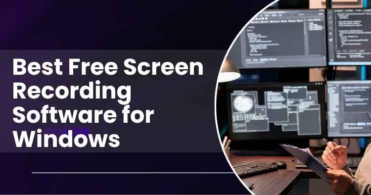 Best free screen recording software for Windows, featuring a computer monitor setup with multiple screens displaying code and software interfaces.