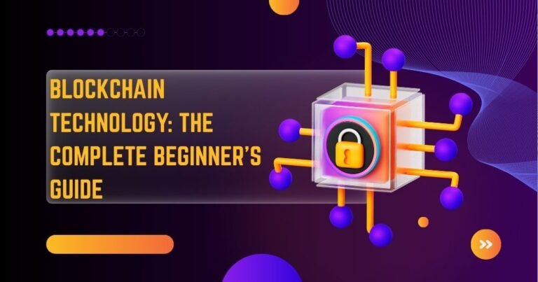 Blockchain technology beginner’s guide graphic featuring a digital lock inside a futuristic blockchain cube with connected nodes