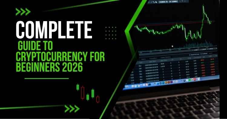 Complete guide to cryptocurrency for beginners in 2026, featuring a laptop displaying a cryptocurrency trading chart.