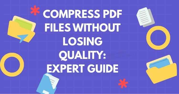 Compress PDF files without losing quality, featuring PDF document and folder icons on a blue background.