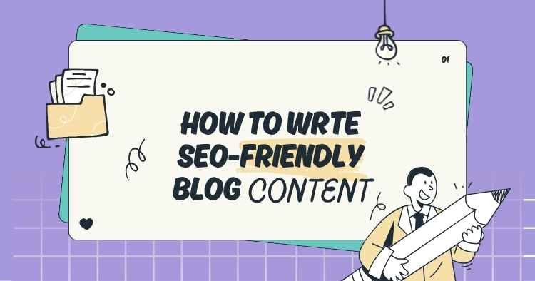 Illustration showing how to write SEO-friendly blog content, with a person holding a large pencil beside a text document.