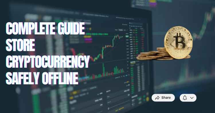 Complete guide to storing cryptocurrency safely offline, with a Bitcoin coin, stacked coins, and a cryptocurrency trading chart in the background.